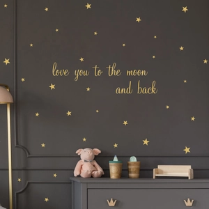 Stickers muraux étoiles dorées et Love You To The Moon and Back pour déco de chambre