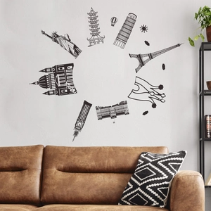 Creative black silhouette world landmarks wall decal with global architectural icons