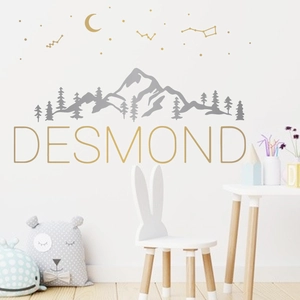 Minimalist celestial mountain wall decal with moon and stars for kids room decor