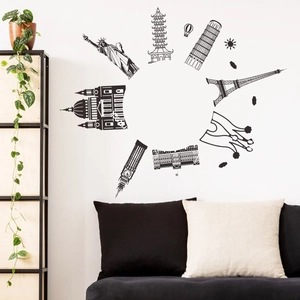 Minimalist black world landmarks wall sticker featuring silhouettes like Eiffel Tower