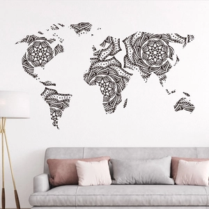 Bohemian world map wall sticker with mandala floral pattern for living room decor