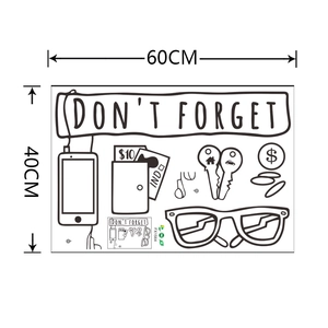 Dimensions détaillées du sticker mural Don't Forget avec icônes de clés, 60x40cm