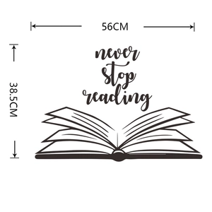 Detail view of Never Stop Reading wall sticker showing dimensions 56cm x 38.5cm