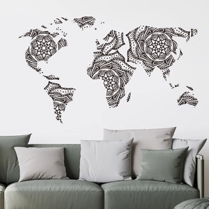 Mandala style world map wall decal in black for modern living room home wall decoration