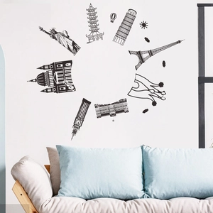 Minimalist black silhouette wall decal featuring iconic global architectural landmarks