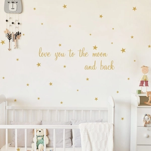 Sticker Mural Étoiles Or Citation Love You To The Moon And Back PVC Décoration Chambre Enfant Décalcomanie Art Moderne Mural