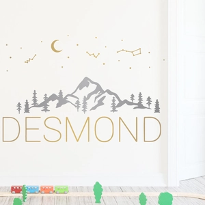 Custom nursery wall stickers with mountains, stars, and personalized name Desmond decal
