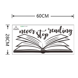 Detailed dimension guide for 'never stop reading' wall sticker measuring 60cm by 28cm