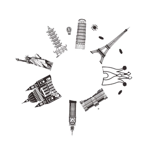 Detail showing world landmarks like Eiffel Tower and Big Ben in a minimalist line art style