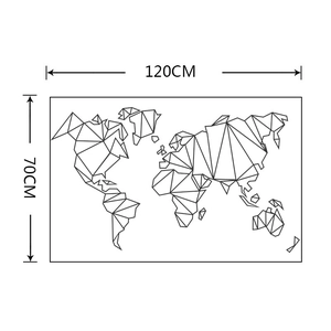 Detail view of black geometric world map wall sticker showing 120cm by 70cm dimensions