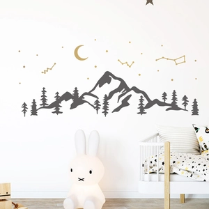 Nordic Style Mountain Pine Forest Wall Sticker Gold Moon Constellation Stars PVC Decal For Kids Room Living Room Decor