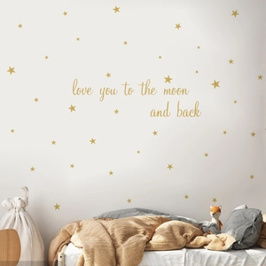 Stickers muraux étoiles dorées avec citation Love You to the Moon pour chambre d'enfant