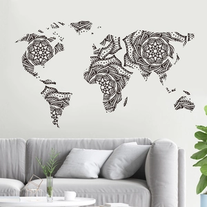 Artistic mandala world map wall sticker for a minimalist modern living room wall decor