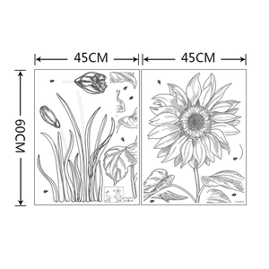 Detailed black and white sketch of sunflower and tulip wall stickers, 45x60cm dimensions