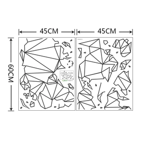 Detailed world map wall sticker with black geometric lines and 45x60cm dimensions