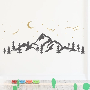 Modern minimalist wall decals with grey mountains and golden moon stars constellation