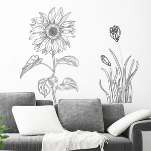 Modern Minimalist Sunflower Sketch Wall Decals PVC Self Adhesive Botanical Line Art Wall Stickers For Living Room Decor