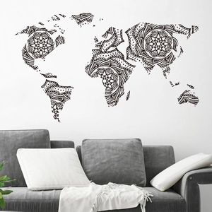 Mandala world map wall sticker with intricate lotus patterns in a modern living room setting