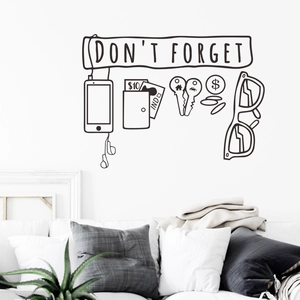 Sticker mural décoratif en PVC noir avec texte Don't Forget et icônes d'objets usuels