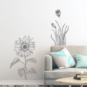 Minimalist sketch sunflower wall decal for modern living room decor on white wall