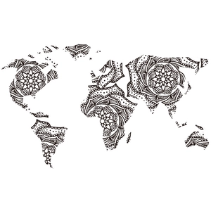 Detailed view of world map wall decal featuring intricate mandala patterns on land masses
