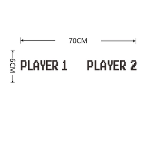 Detail view of retro pixel font Player 1 and Player 2 wall decals with 70cm width dimensions