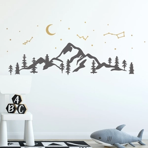 Minimalist Nordic mountain wall sticker with golden moon and constellation for kids room