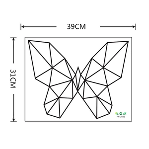 Detailed size chart showing 39x31cm dimensions for the geometric butterfly wall sticker
