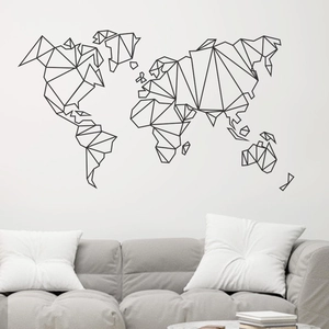 Minimalist black geometric world map wall sticker in a modern living room setting