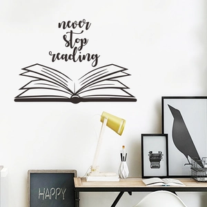 Never Stop Reading wall sticker with book graphic in home study area on white wall