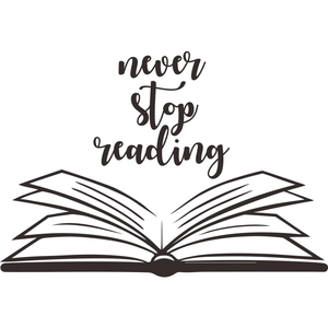 Minimalist 'never stop reading' wall decal with open book graphic for study decor