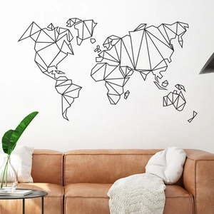 Modern black geometric world map wall sticker with minimalist polygonal continent design