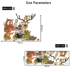 Size chart showing dimensions for the cartoon forest animals wall sticker set