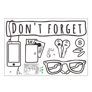 Détail de stickers muraux avec texte Don't Forget et icônes d'accessoires du quotidien