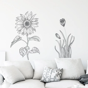 Minimalist black sketch sunflower wall decal for modern home interior wall decoration