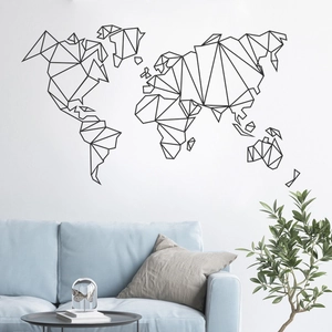 Minimalist black geometric world map wall sticker with poly art design for home decor