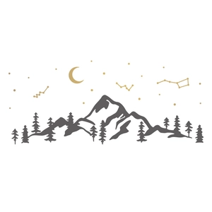 Minimalist mountain silhouette wall sticker with golden moon and constellation patterns