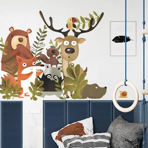 Nordic cartoon jungle animal wall stickers featuring brown bear, deer and fox for kids room