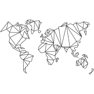 Macro detail of minimalist world map wall sticker with black geometric origami lines