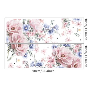 Detailed view of watercolor pink peony and blue flower wall stickers measuring 30x90 cm