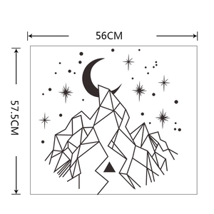 Detail showing dimensions of 56x57.5cm for geometric mountain and moon wall decal
