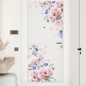 Pink and blue watercolor floral wall stickers for bedroom door decor and wall art
