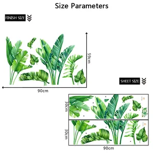 Detailed size chart for tropical leaf wall stickers showing 90x59cm finished dimensions