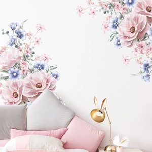 Watercolor Pink Blue Floral Wall Sticker PVC Removable Peony Flower Decal For Bedroom Living Room Home Decoration