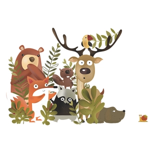 Detail of forest animal wall stickers with bear deer fox and raccoon for nursery rooms