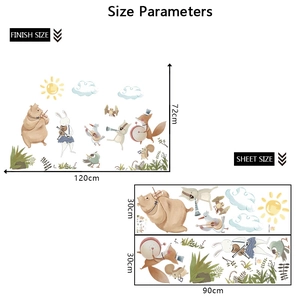 Size chart for Nordic watercolor animal band wall stickers with dimensions and layout details