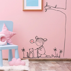 Adesivo murale nero minimalista con una bambina e un gatto sotto un albero decorativo