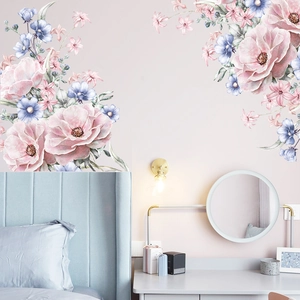 Watercolour floral wall stickers with pink peonies and blue flowers for bedroom decor
