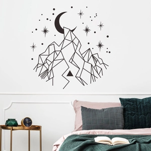 Minimalist geometric mountain wall sticker with moon and stars for bedroom home decor