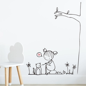 Adesivo murale minimalista con bambina, gatto e albero per arredare la cameretta bimbi